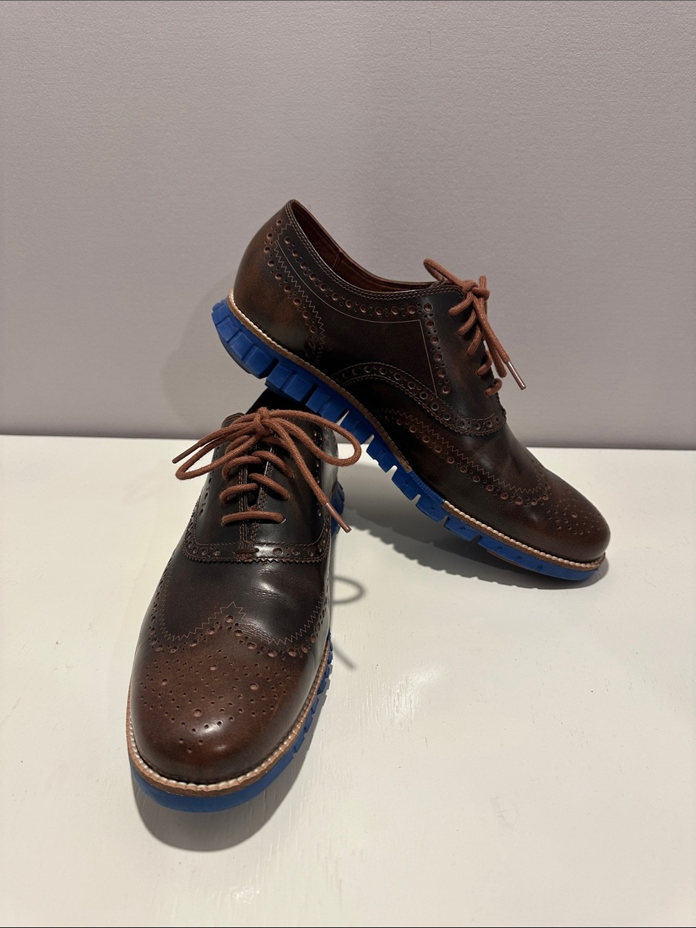 Cole Haan grand 0s Brown Leather Wingtip Derbys with Blue Soles